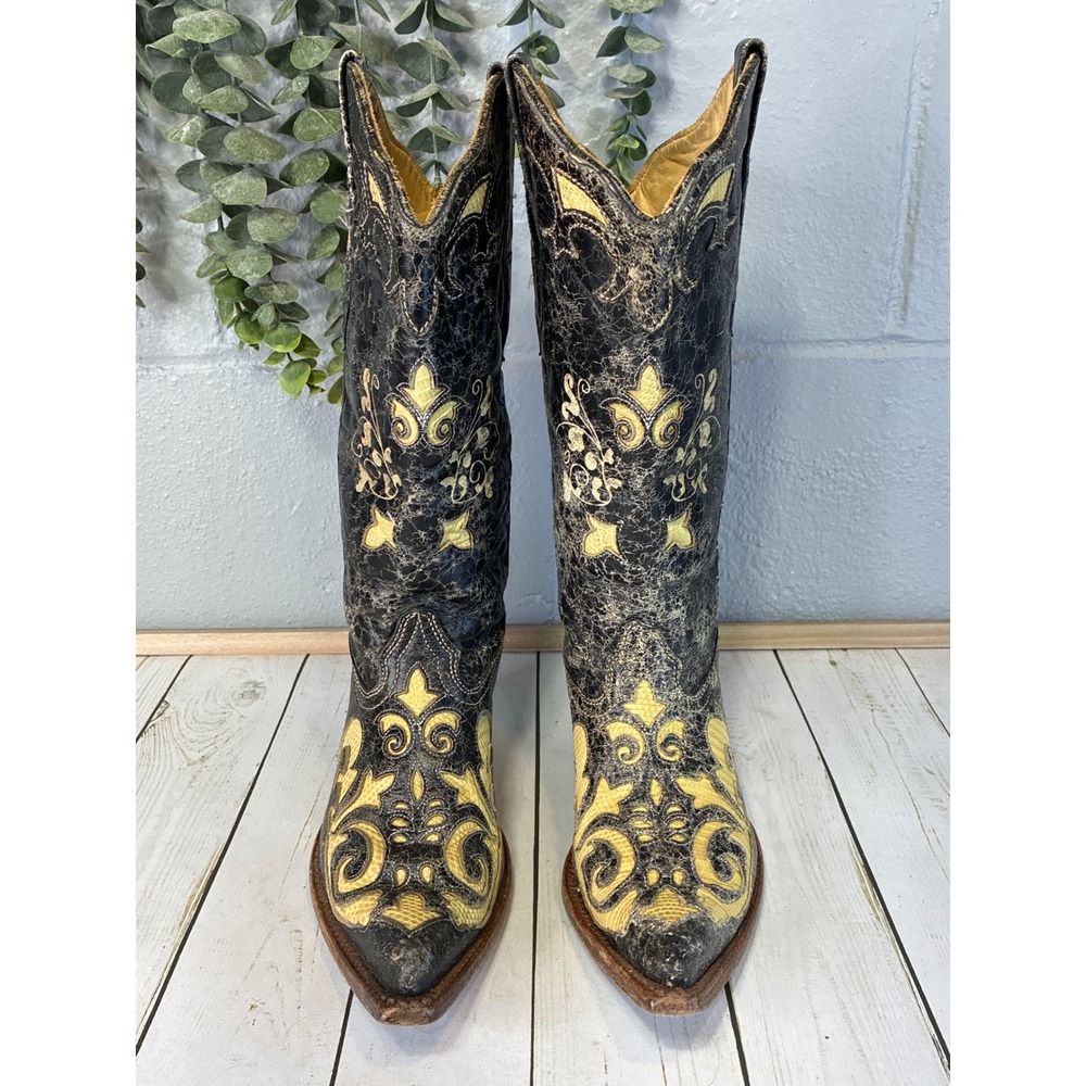 Corral Vintage Distressed Black Yellow Lizard Inlay Western Boots Womens 7M - Picture 3 of 8